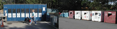 ABOVE LEFT Cans, bottles and plastics waste are collected for recycling in Harwich, Massachusetts ABOVE RIGHT A community collection point of clothes and donations at Harwich, Massachusetts