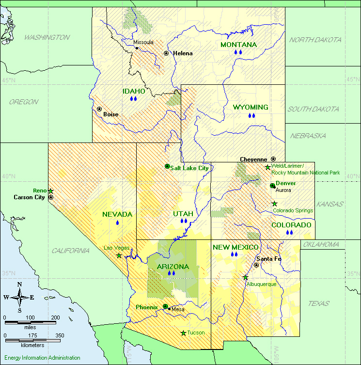 This map of the Mountain Division shows the potential for solar, geothermal, and wind energy, as well as indicators of hydroelectric, biomass, and wood energy potential.
If you have trouble reading this map, please call 1-202-586-8800.