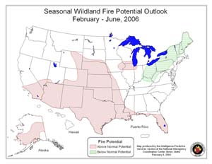 Image of seasonal wildland fire potential outlook for February through June 2006.