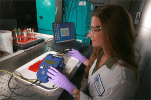 Sandia researcher Amanda Jokerst injects a sample into a handheld microseparations platform for analysis. Jokerst and others at Sandia aim to optimize the micro-separations process for a sub-set of relevant toxins found in harmful algal blooms (HABs) and establish the laboratory-based protocols for sample preparation. (Photo courtesy Jeff Shaw)