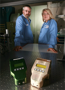 Sandia researchers Todd Lane (left) and Victoria VanderNoot (right) are leading an effort, funded by the National Oceanic and Atmospheric Administration (NOAA) and the University of New Hampshire, to detect deadly toxins from HABs. The project employs laser-induced fluorescence and other separation methods inherent in Sandias ChemLab device, examples of which are seen here. (Photo courtesy Jeff Shaw)