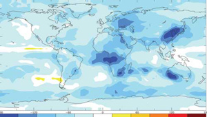 Computer simulations of Earth's climate over the entire 20th century show the effect of airborne particles called aerosols: sunlight reaching the surface decreased over most of the globe (blue) and in some regions remained unchanged (white) or slightly increased (yellow). Credit: Anastasia Romanou, Columbia University