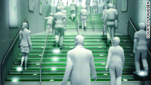 A computer generated image showing PaveGen slabs installed on a subway staircase