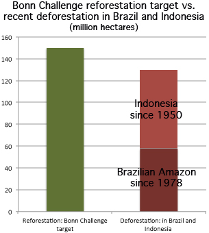 The Bonn Challenge reforestation target in comparison to recent deforestation in Brazil and Indonesia