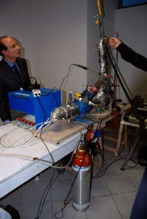 Andrea Rossi demonstrated the 10 kW heat generating device at an Italian press conference January 14, 2011.Photo by Daniele Passerini, the who reported the day's proceedings in his blog.