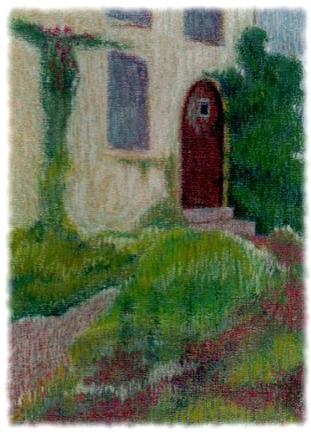 Bad pastel painting of a cottage and its front garden