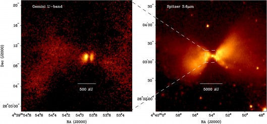 A pair of infrared images of L1527: On the right is an image from the Spitzer Space Telesc...