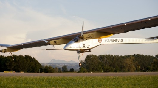 Solar Impulse comes in the land in Payerne, marking the end of the first ever solar-powere...